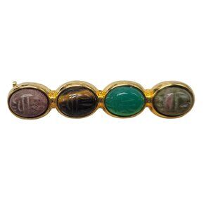 Vtg Scarab Beetle Bar Brooch Pin Egyptian Revival Multicolor Carved Cabochons